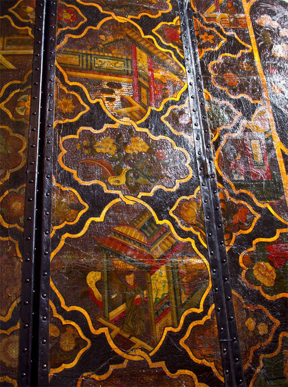 Chinoiserie Six Panel Painted Leather Screen 2