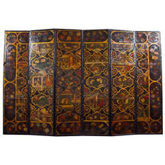 Chinoiserie Six Panel Painted Leather Screen 4