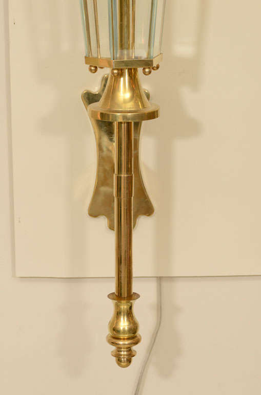 Italian Pair of lantern form brass and glass sconces