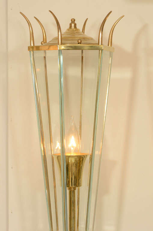 Mid-20th Century Pair of lantern form brass and glass sconces