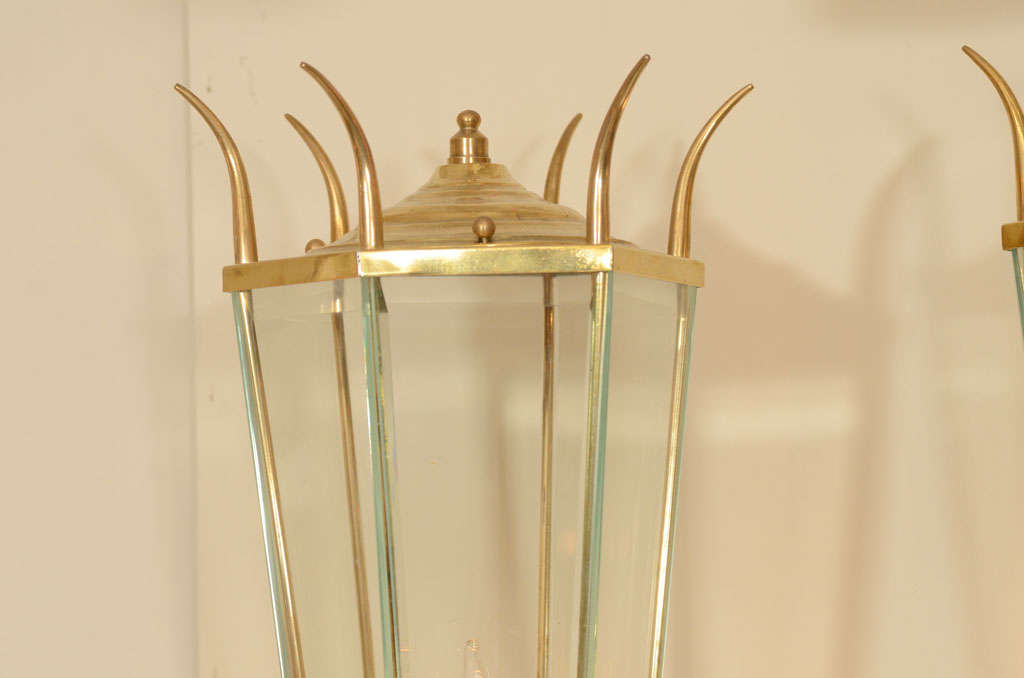 Brass Pair of lantern form brass and glass sconces