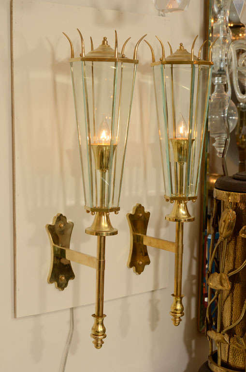 Pair of lantern form brass and glass sconces 1