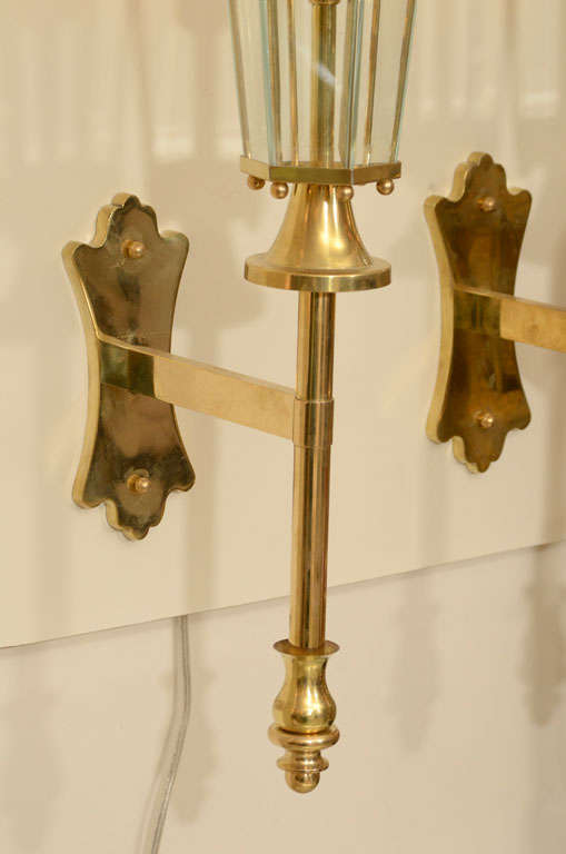 Pair of lantern form brass and glass sconces 2