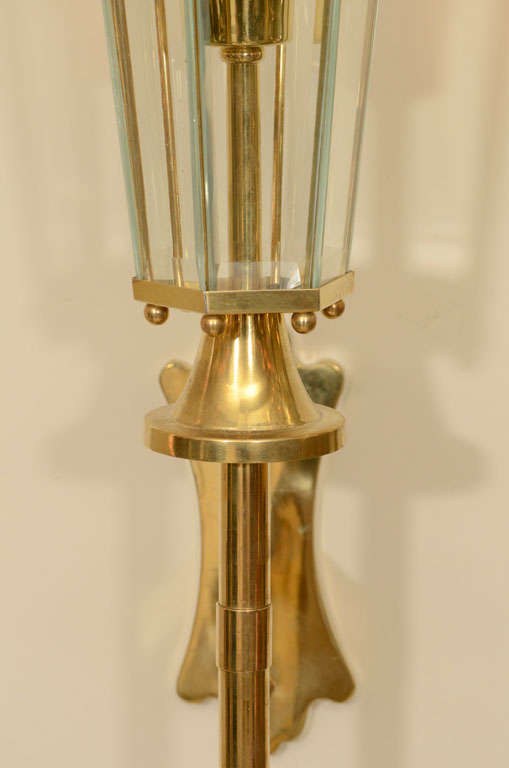 Pair of lantern form brass and glass sconces 4
