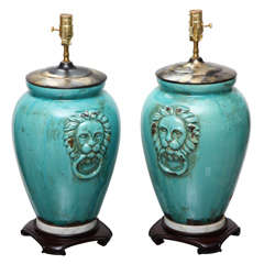Pair of Vintage Turquoise Ceramic Lamps with Lions