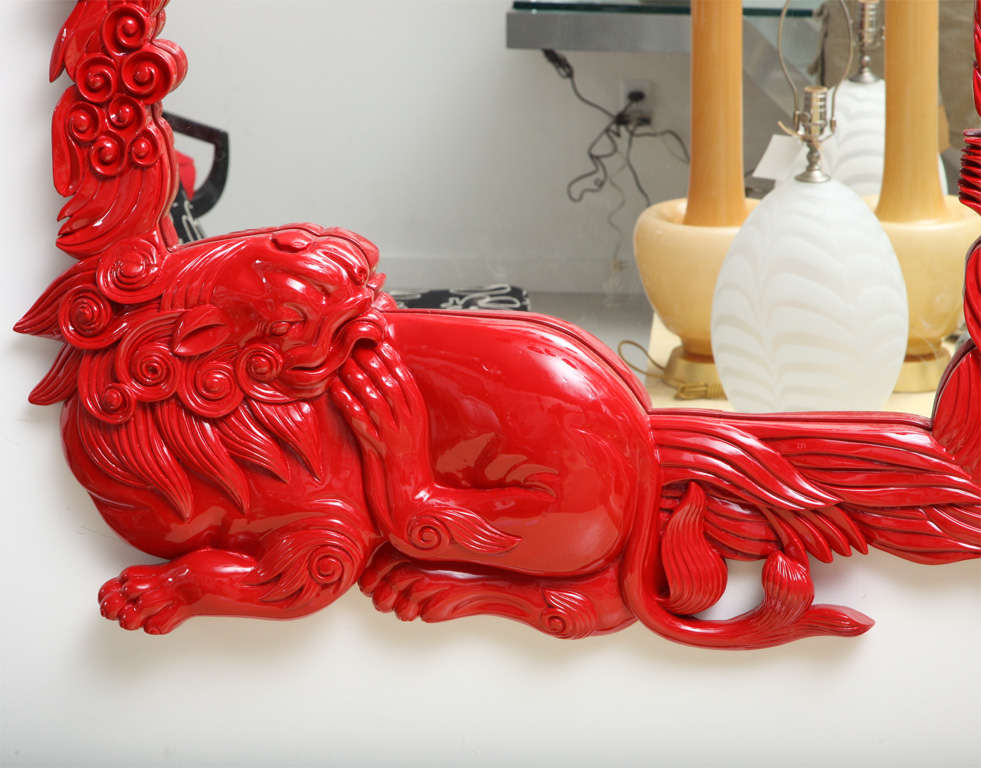 Unknown Red Lacquer Carved Dragon Mirror