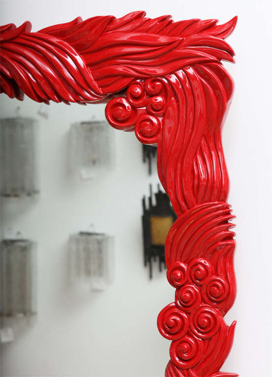 Mid-20th Century Red Lacquer Carved Dragon Mirror