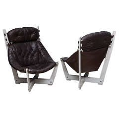 Retro Pair of Norwegian Lounge Chairs in Cerused Oak and Leather