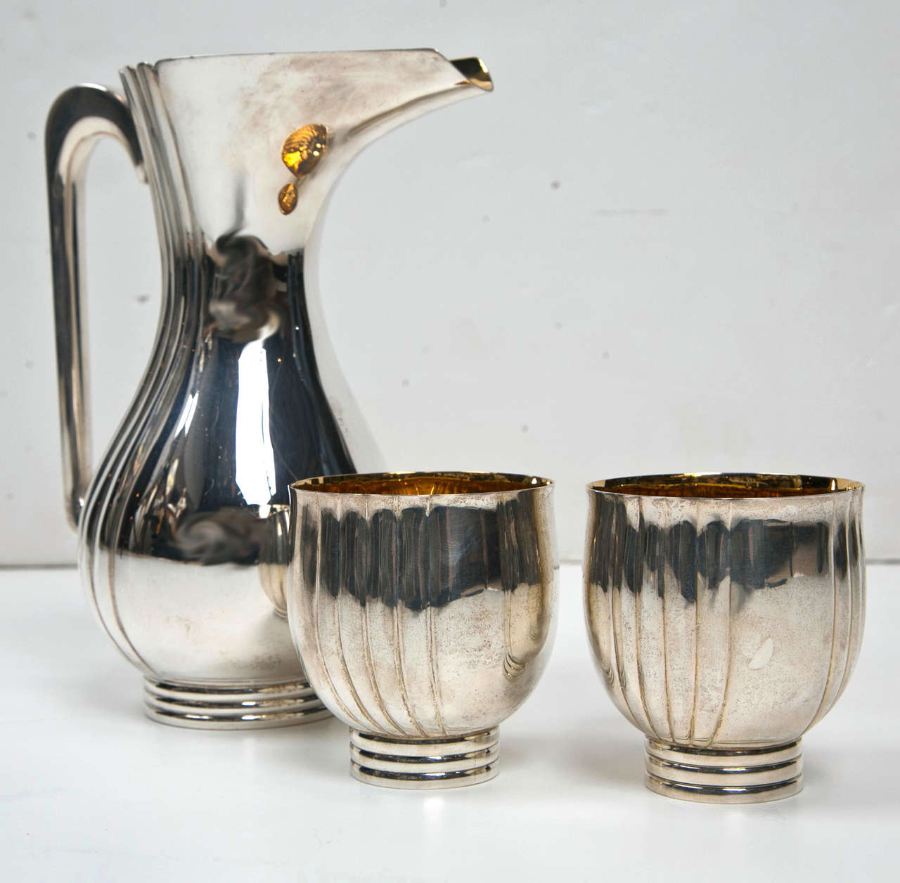 20th Century Bvlgari Sterling Silver Water Pitcher and Two Cup Set 