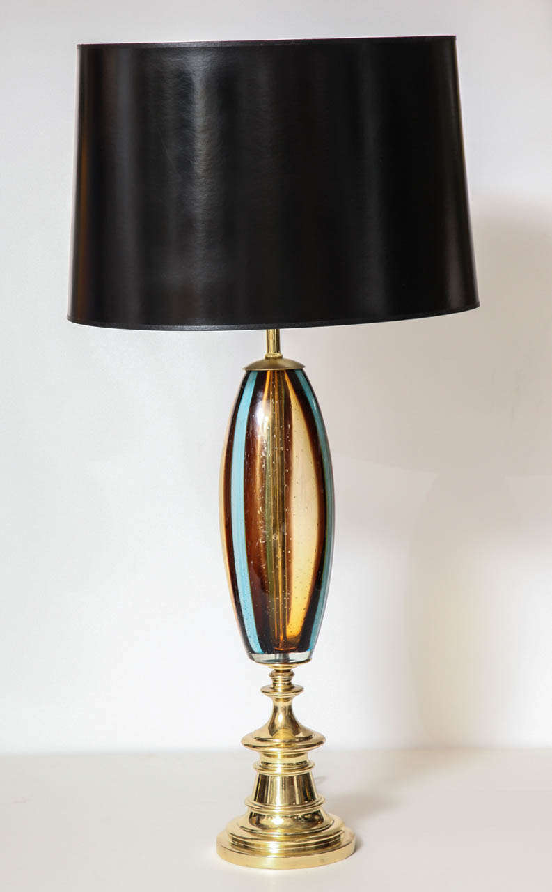 Decorative pair of Murano table lamps, C. 1950, Italy. Hand blown glass with brass details.