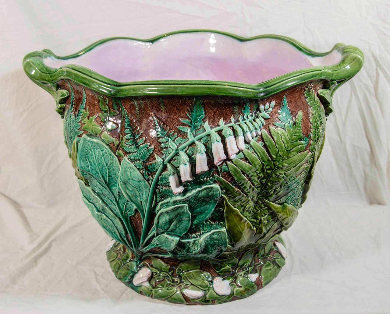 Large Minton Majolica Planter Painted in Brown and Green, and Pink