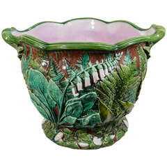 Large Minton Majolica Planter Painted in Brown and Green, and Pink