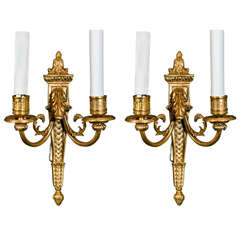 Pair of Antique French Louis XVI Style Gilt Bronze Two-Light Wall Sconces