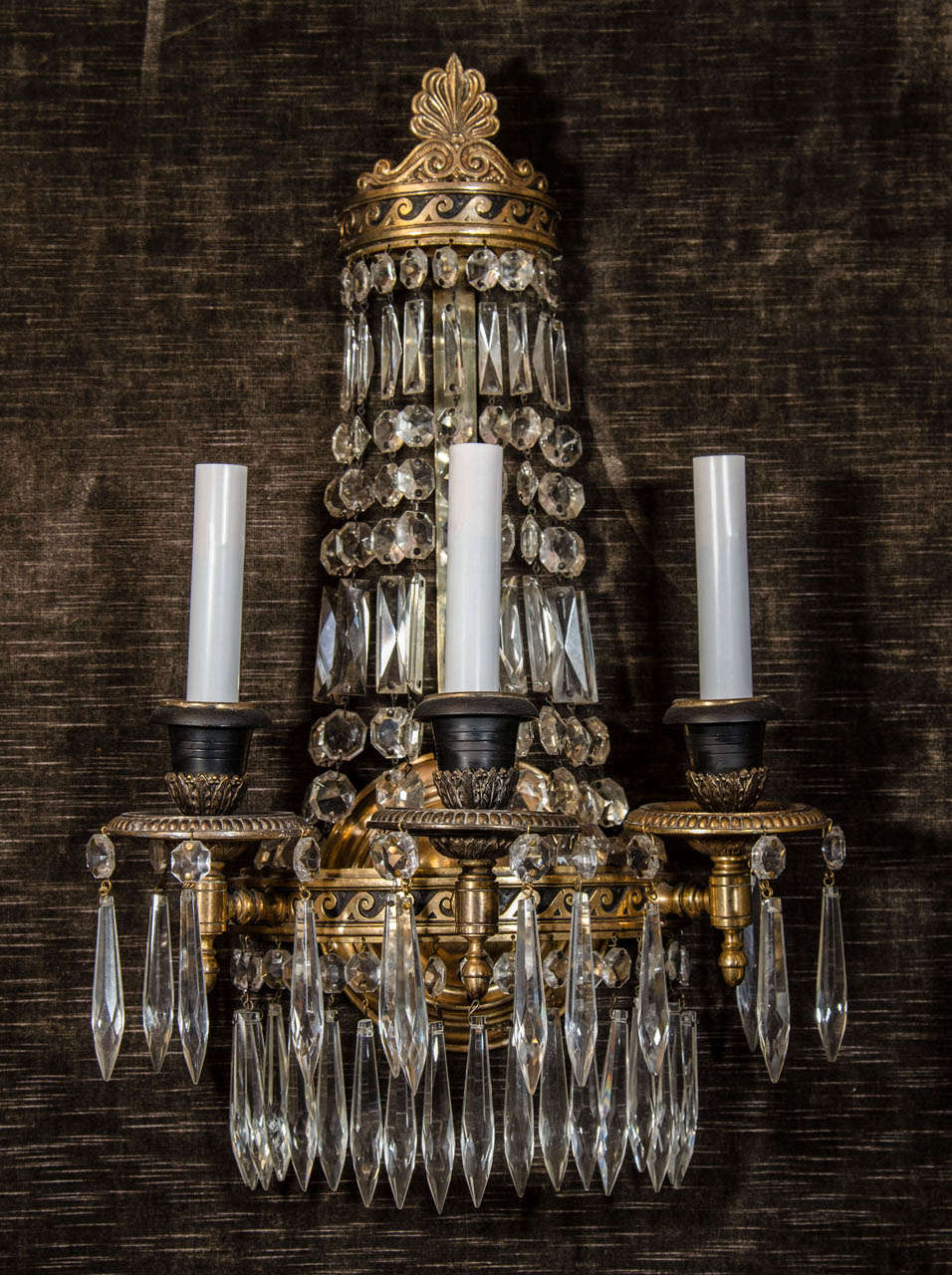 A set of 4 Antique French Louis XVI gilt bronze & cut crystal wall sconces