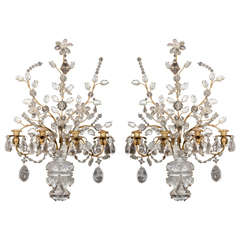 Pair of Large French Louis XVI Style Gilt Bronze & Cut Rock Crystal Sconces