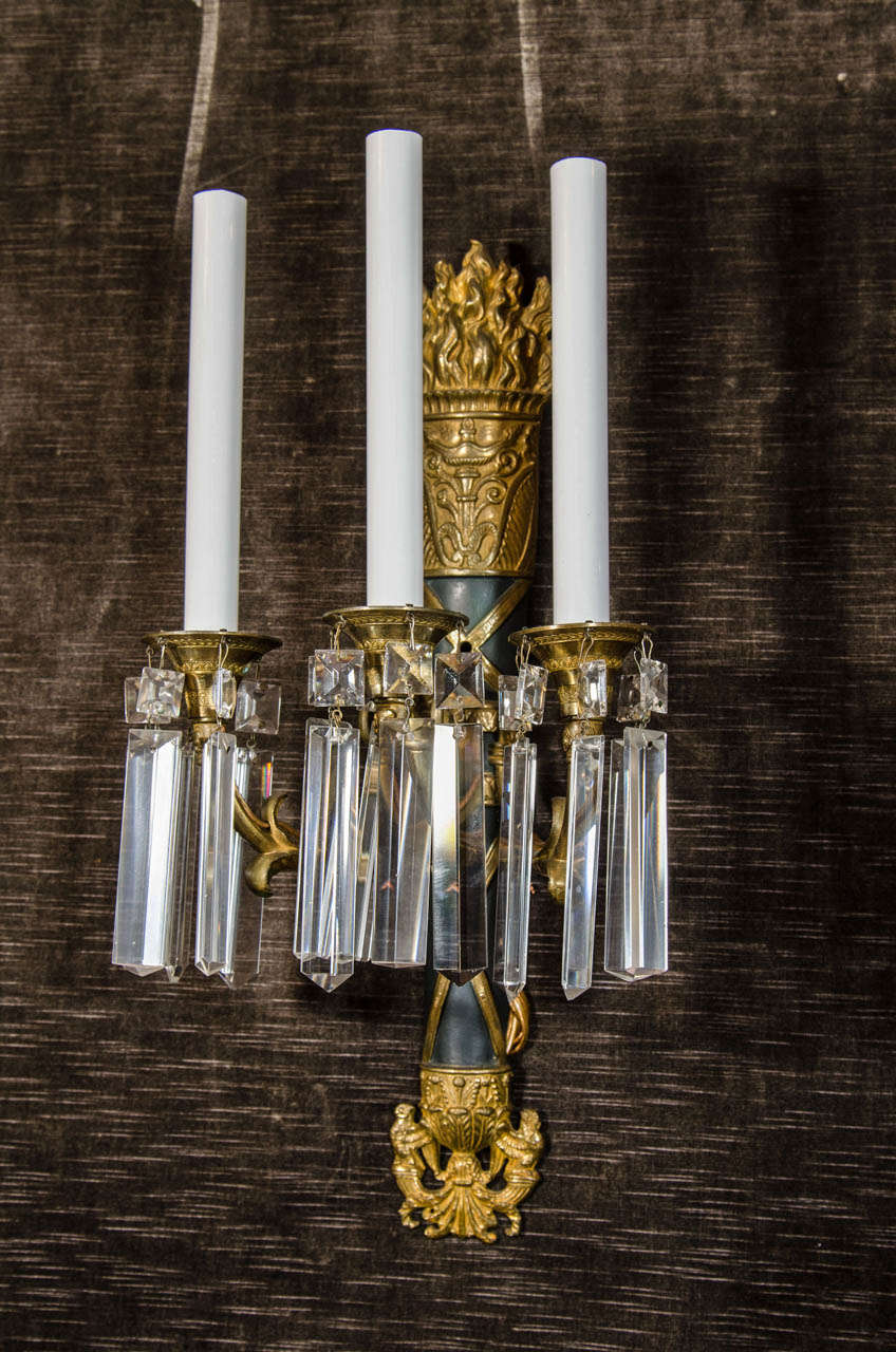 A Set of 4 of  Antique French Louis XVI Style Bronze and Crystal Wall Sconces