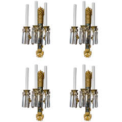 Set of 10 Antique French Louis XVI Style Gilt Bronze, Patinated Bronze & Cut Crystal Wall Sconces, 19th Century