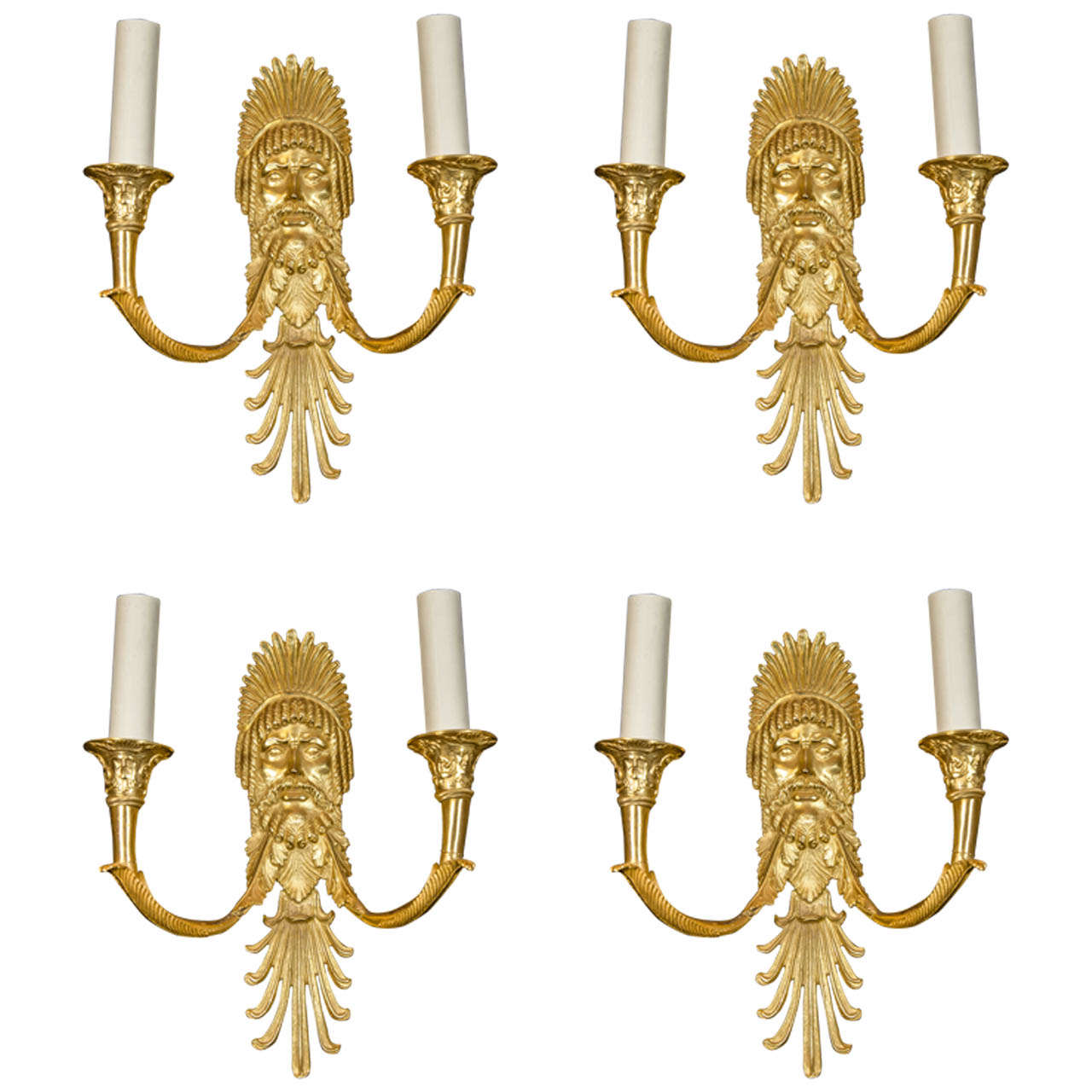 Set of Eight French Empire Style Gilt Bronze Figural Neoclassical Wall Sconces
