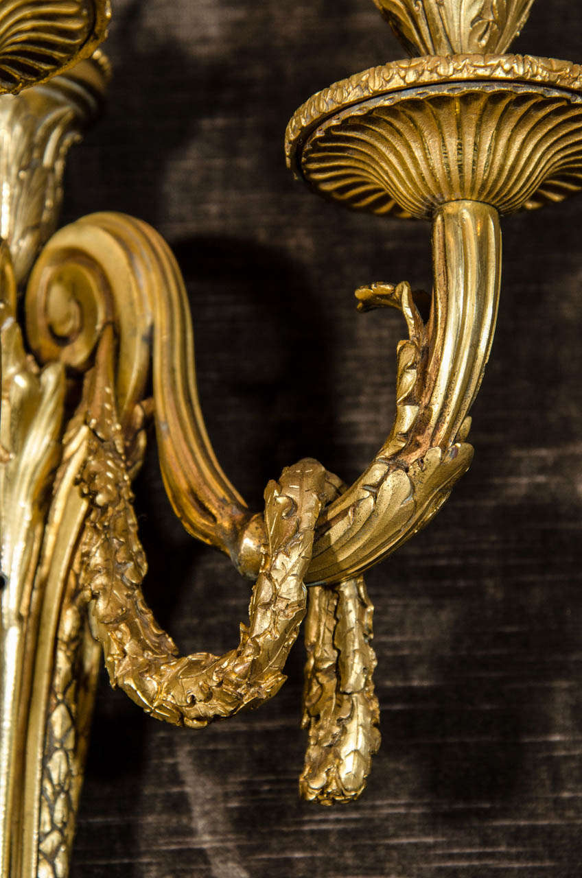 Pair of Antique French Louis XVI Style Gilt Bronze Three-Light Sconces 3