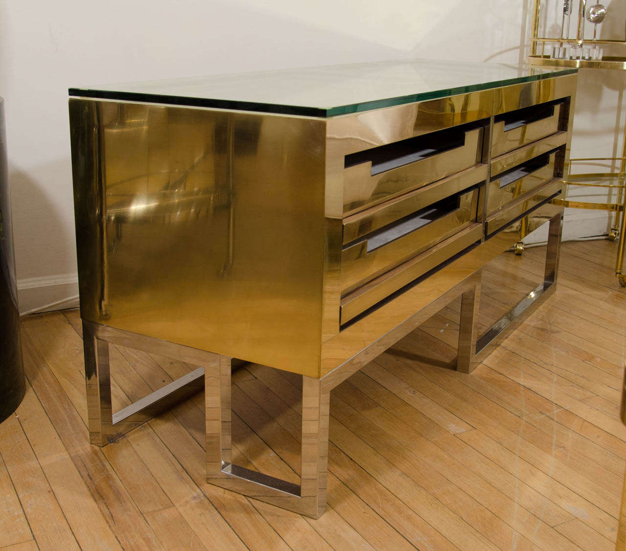 Rectangular Brass Low Console with Four Storage Drawers In Good Condition In New York, NY