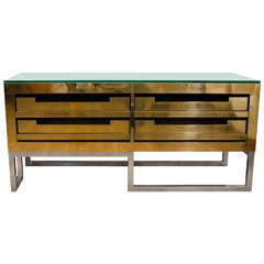 Rectangular Brass Low Console with Four Storage Drawers