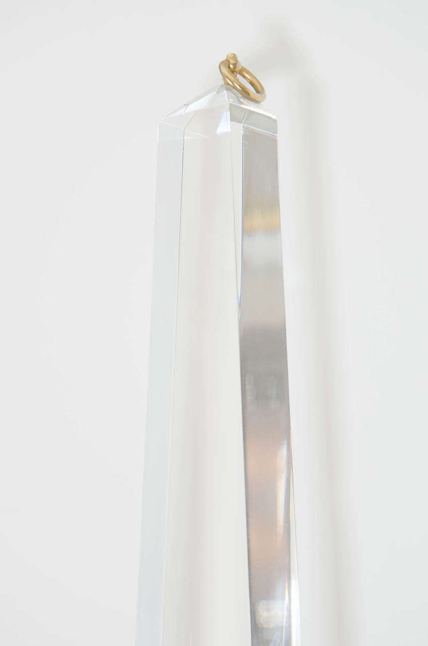 Mid-20th Century Pair of Tall Lucite Obelisk Sculptures with Brass Details