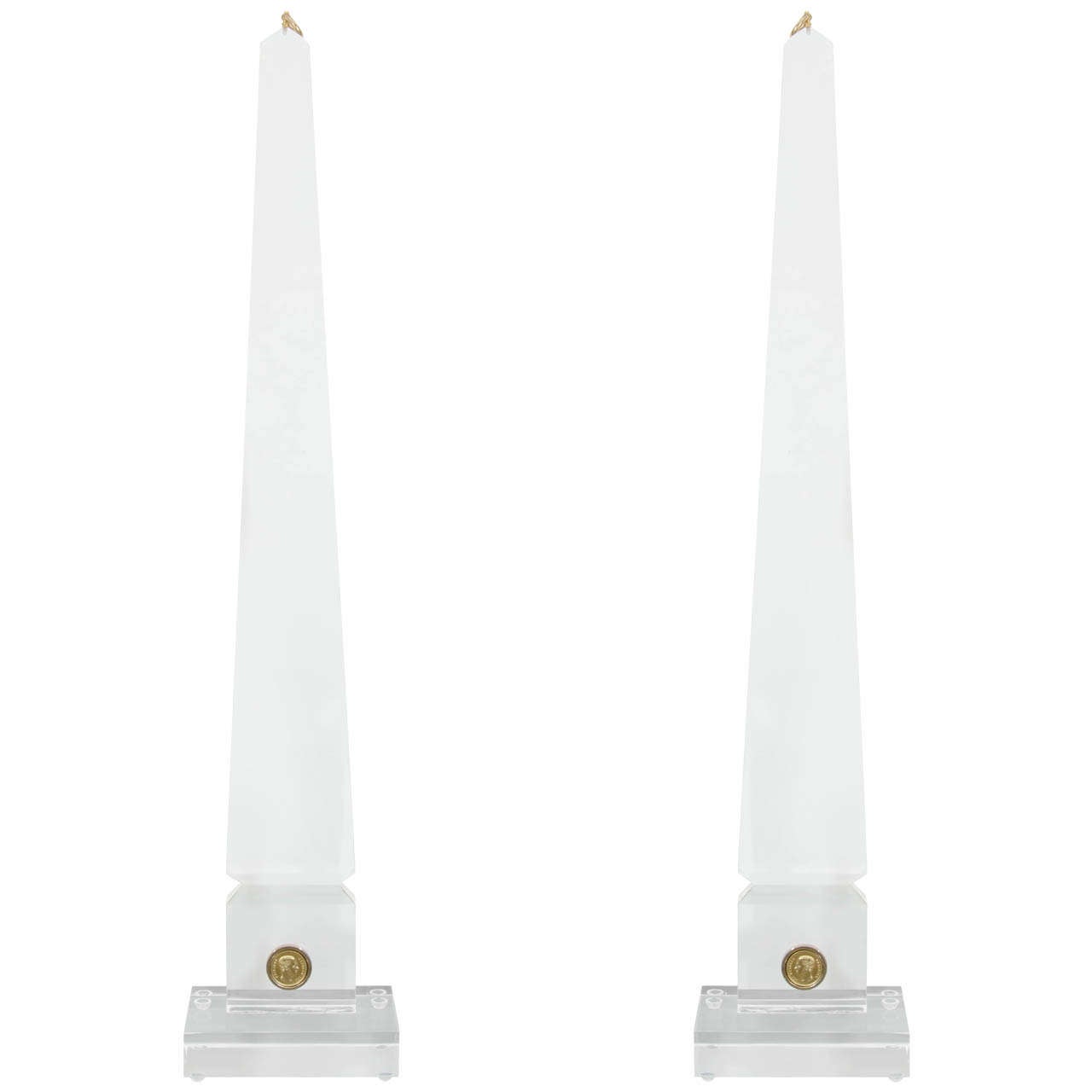 Pair of Tall Lucite Obelisk Sculptures with Brass Details