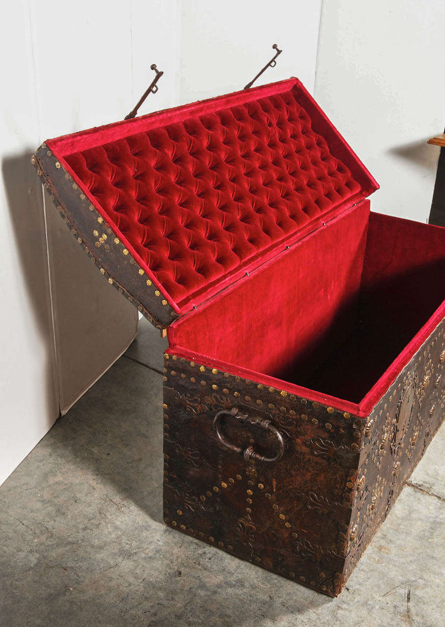 18th Century and Earlier 17th Century French Leather Bound Trunk with Incised Brass Studs