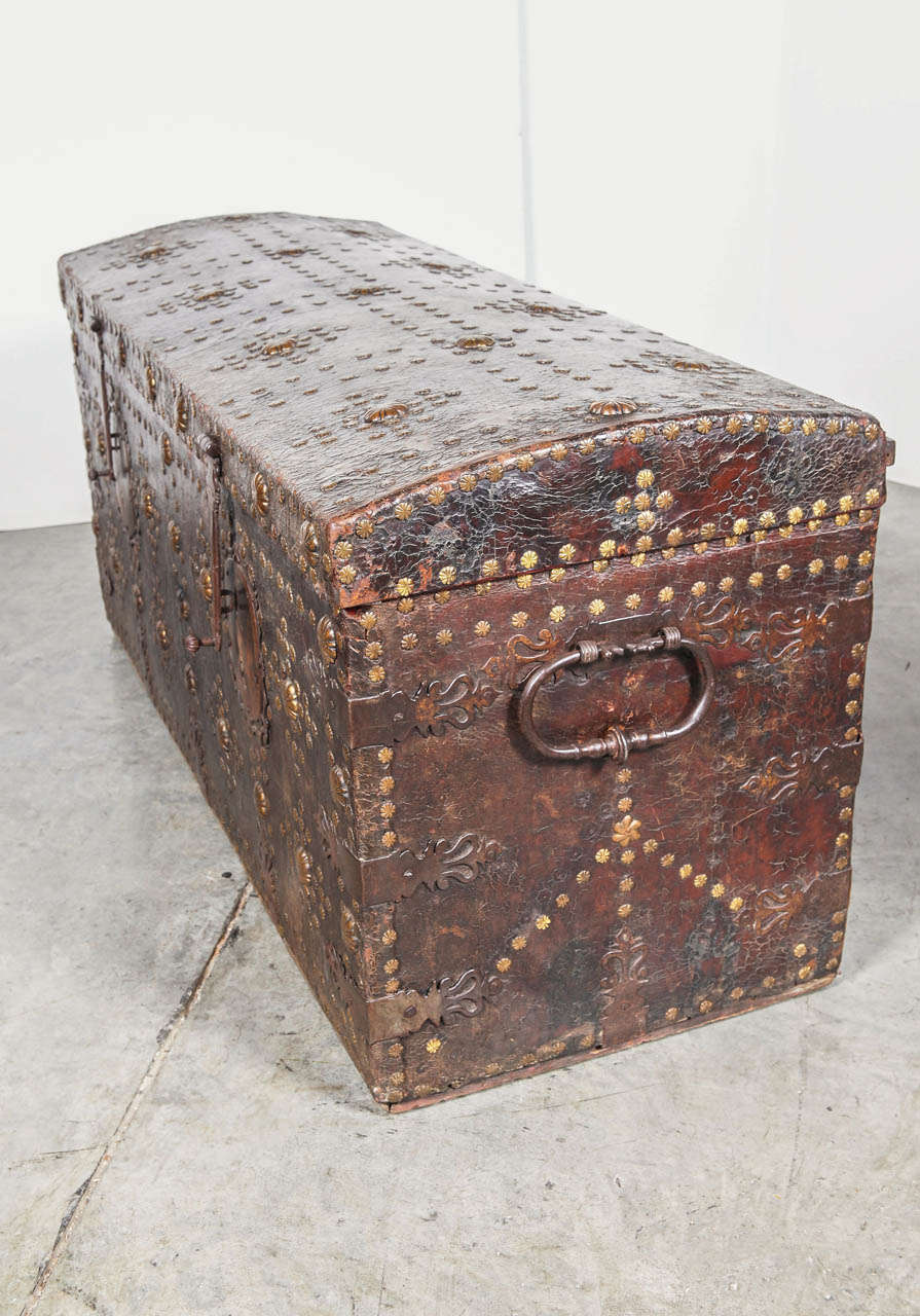 17th Century French Leather Bound Trunk with Incised Brass Studs 2