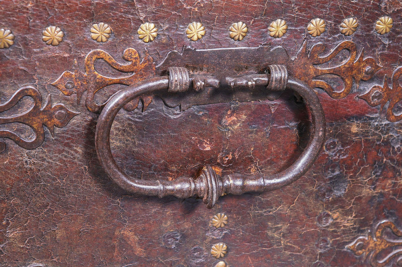 17th Century French Leather Bound Trunk with Incised Brass Studs 3