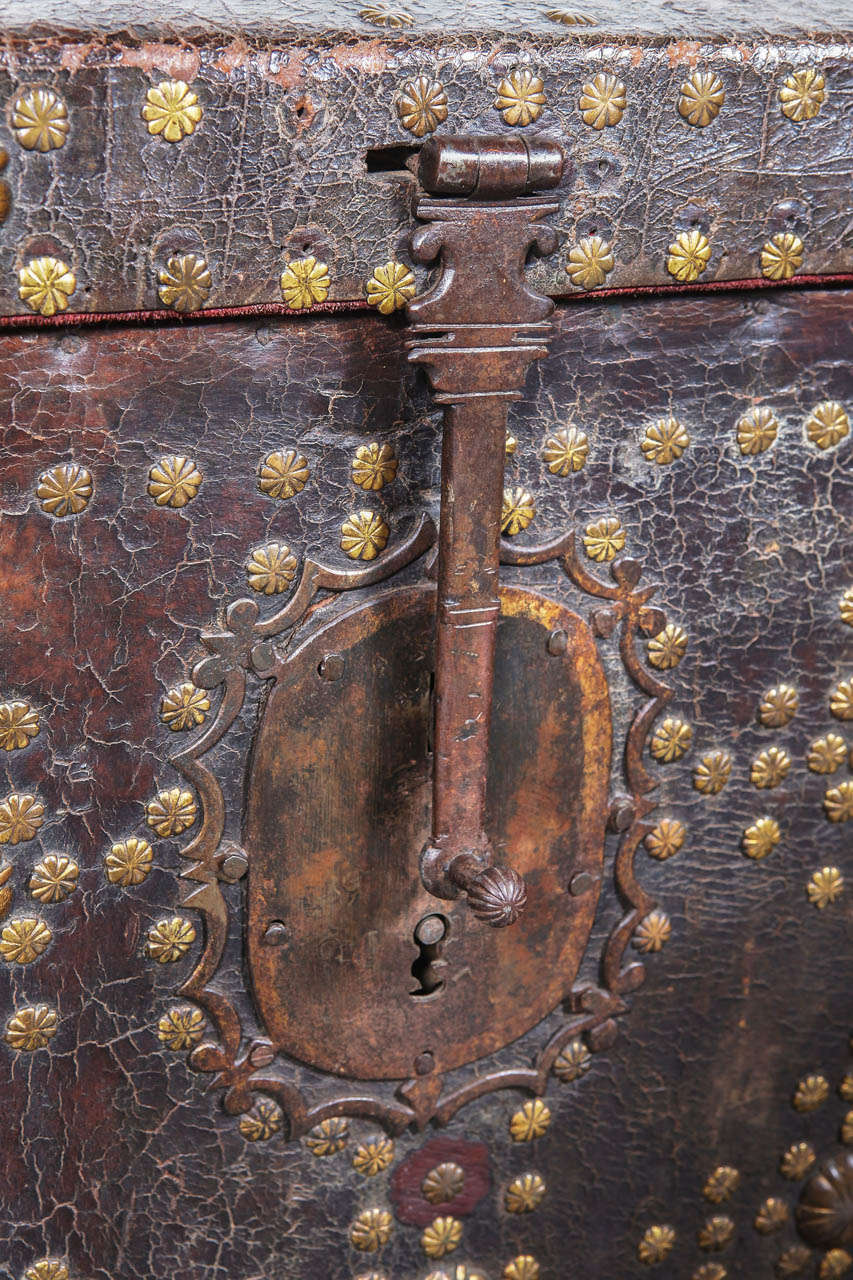 17th Century French Leather Bound Trunk with Incised Brass Studs 4