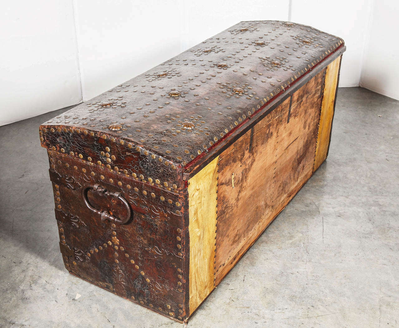 17th Century French Leather Bound Trunk with Incised Brass Studs 5