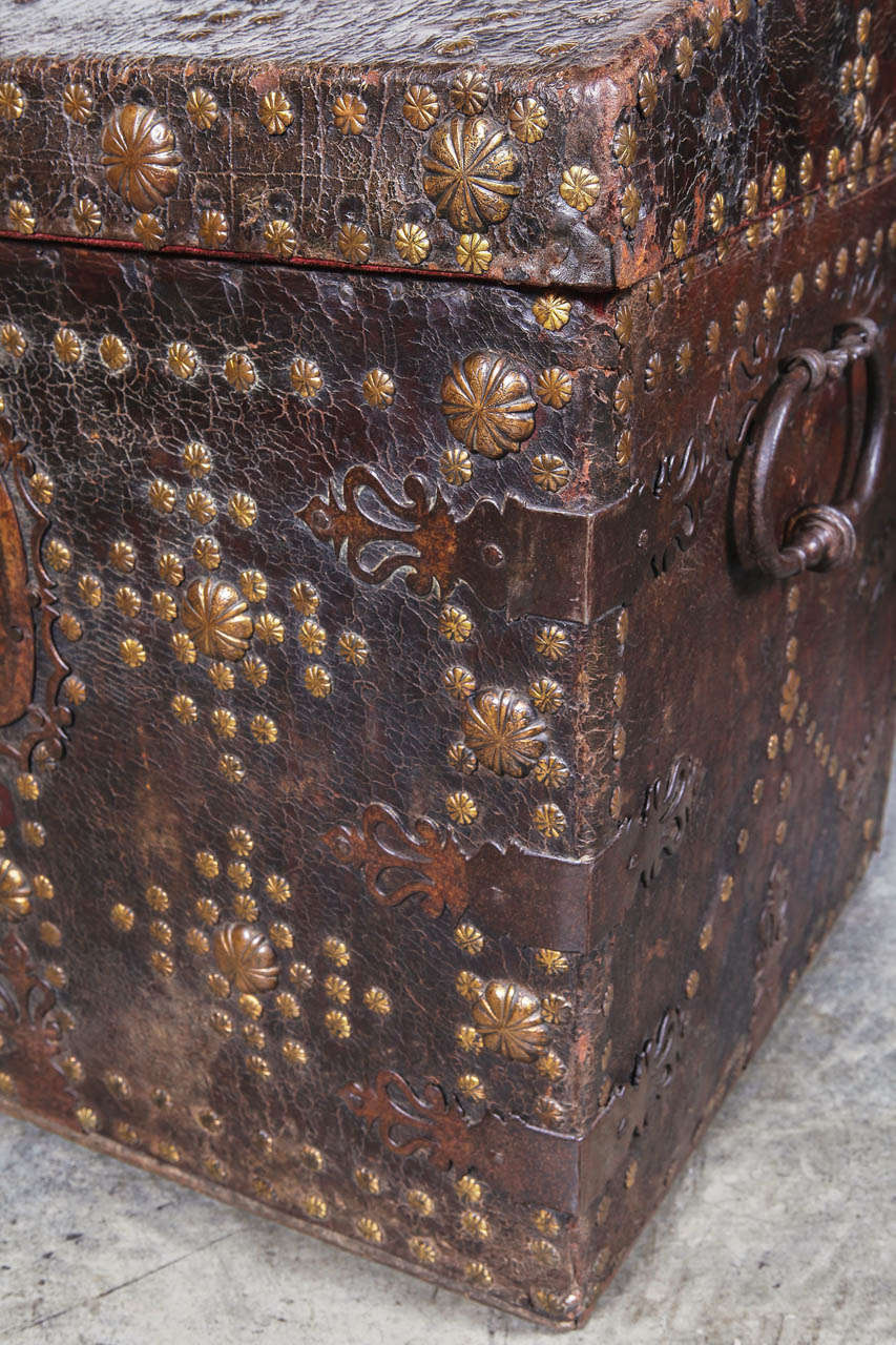 17th Century French Leather Bound Trunk with Incised Brass Studs 6