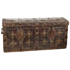 17th Century French Leather Bound Trunk with Incised Brass Studs