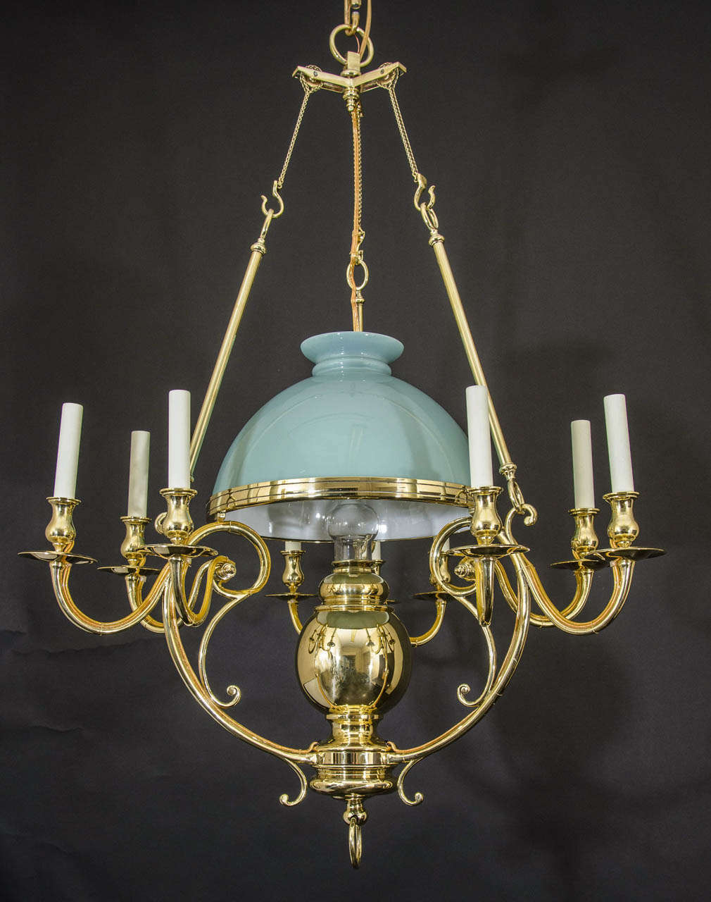 Polished Brass Ten Light Counter Weight Chandelier With Center Oil Font And Opaline Glass Shade.