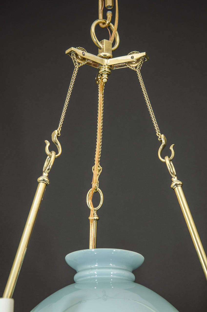 Baroque Brass and Opaline Glass Counter Weight Chandelier For Sale