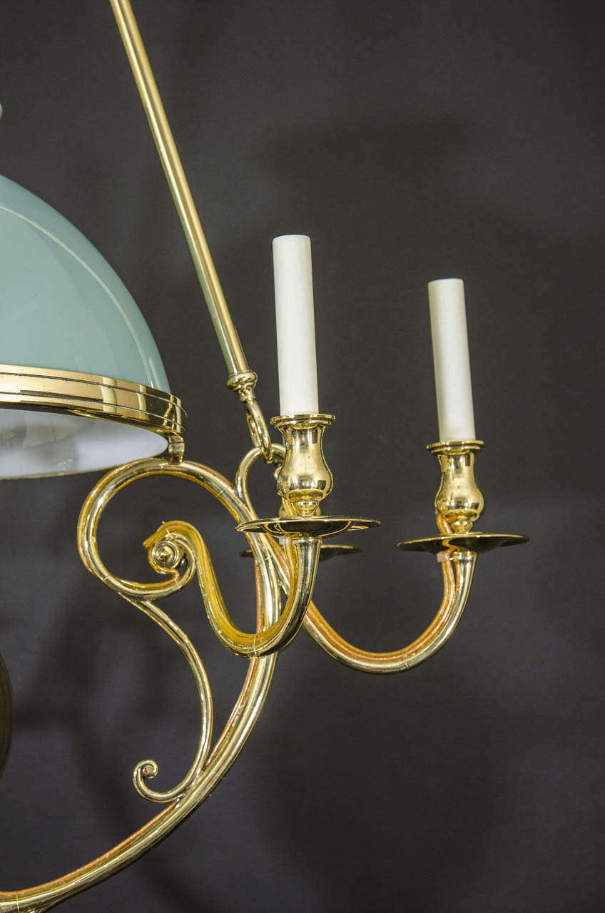 French Brass and Opaline Glass Counter Weight Chandelier For Sale