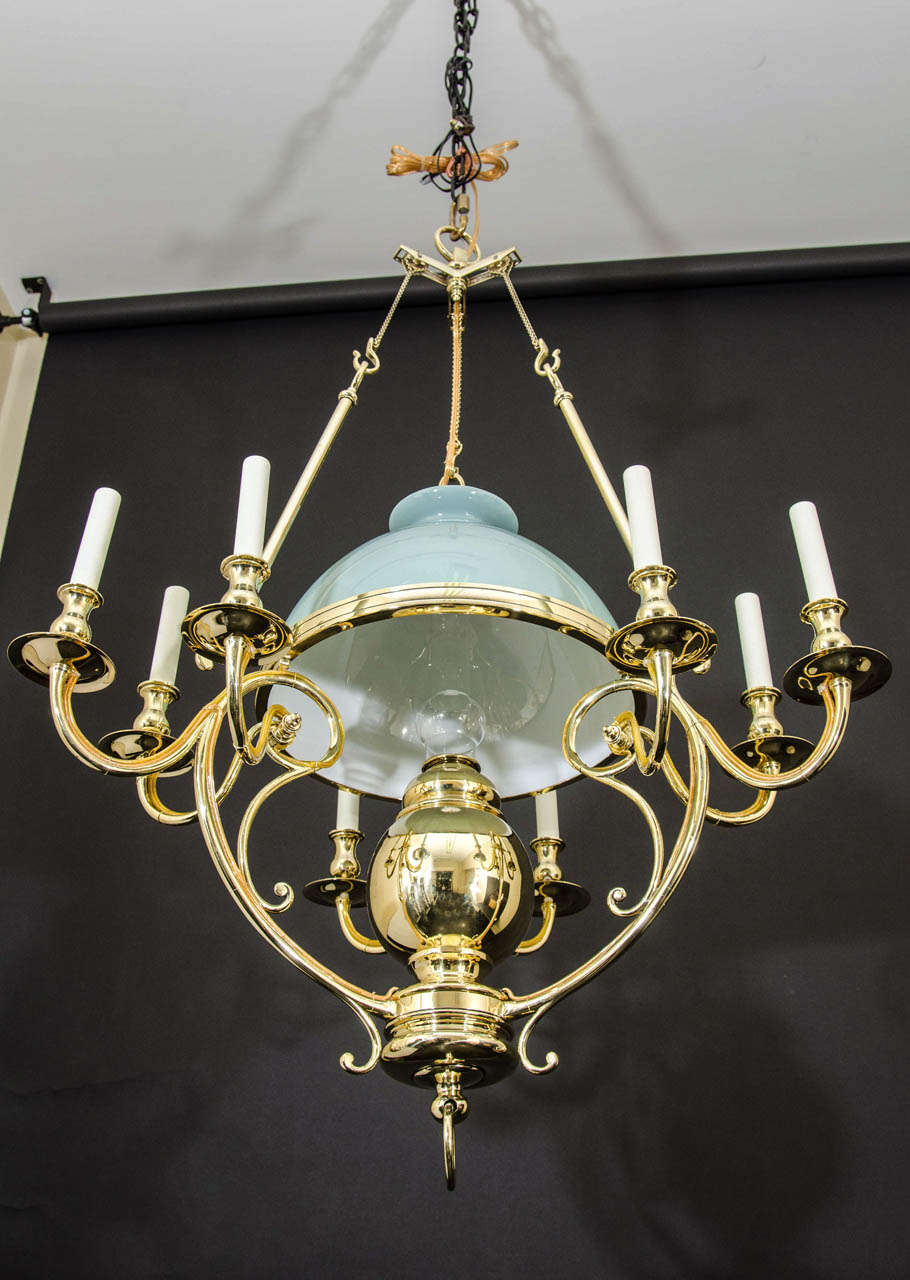 Brass and Opaline Glass Counter Weight Chandelier In Excellent Condition For Sale In New York, NY