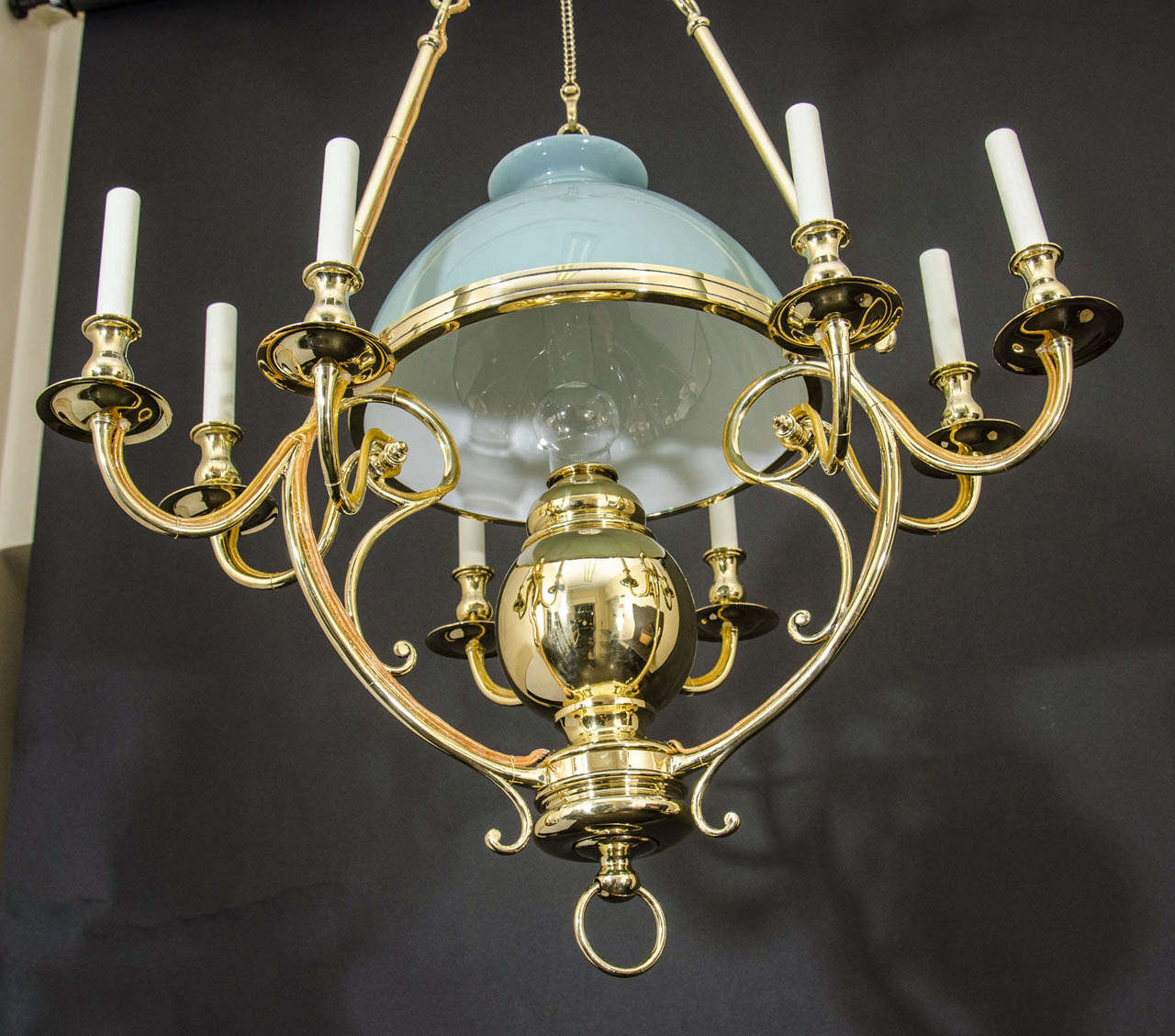 19th Century Brass and Opaline Glass Counter Weight Chandelier For Sale