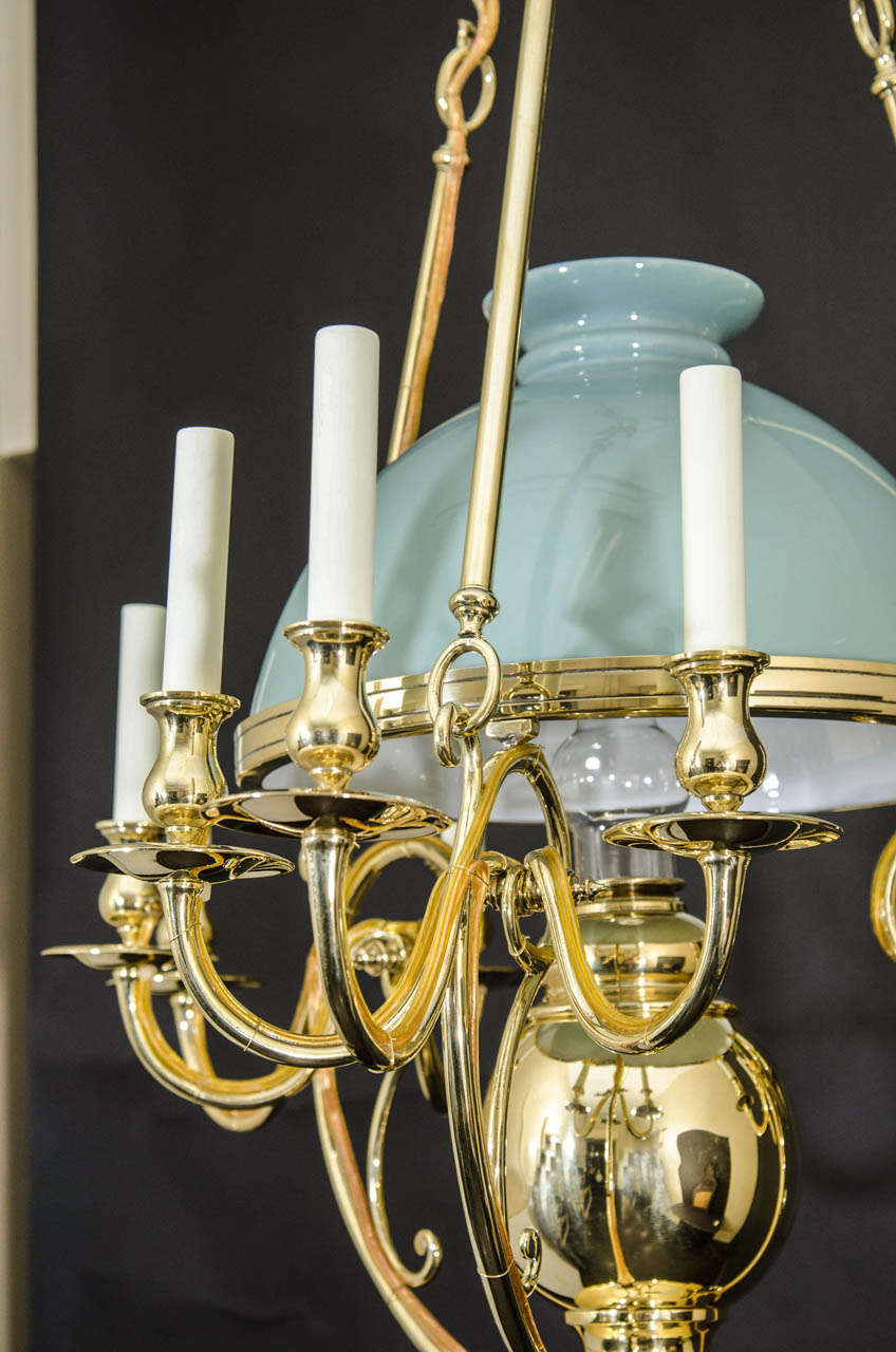 Brass and Opaline Glass Counter Weight Chandelier For Sale 2