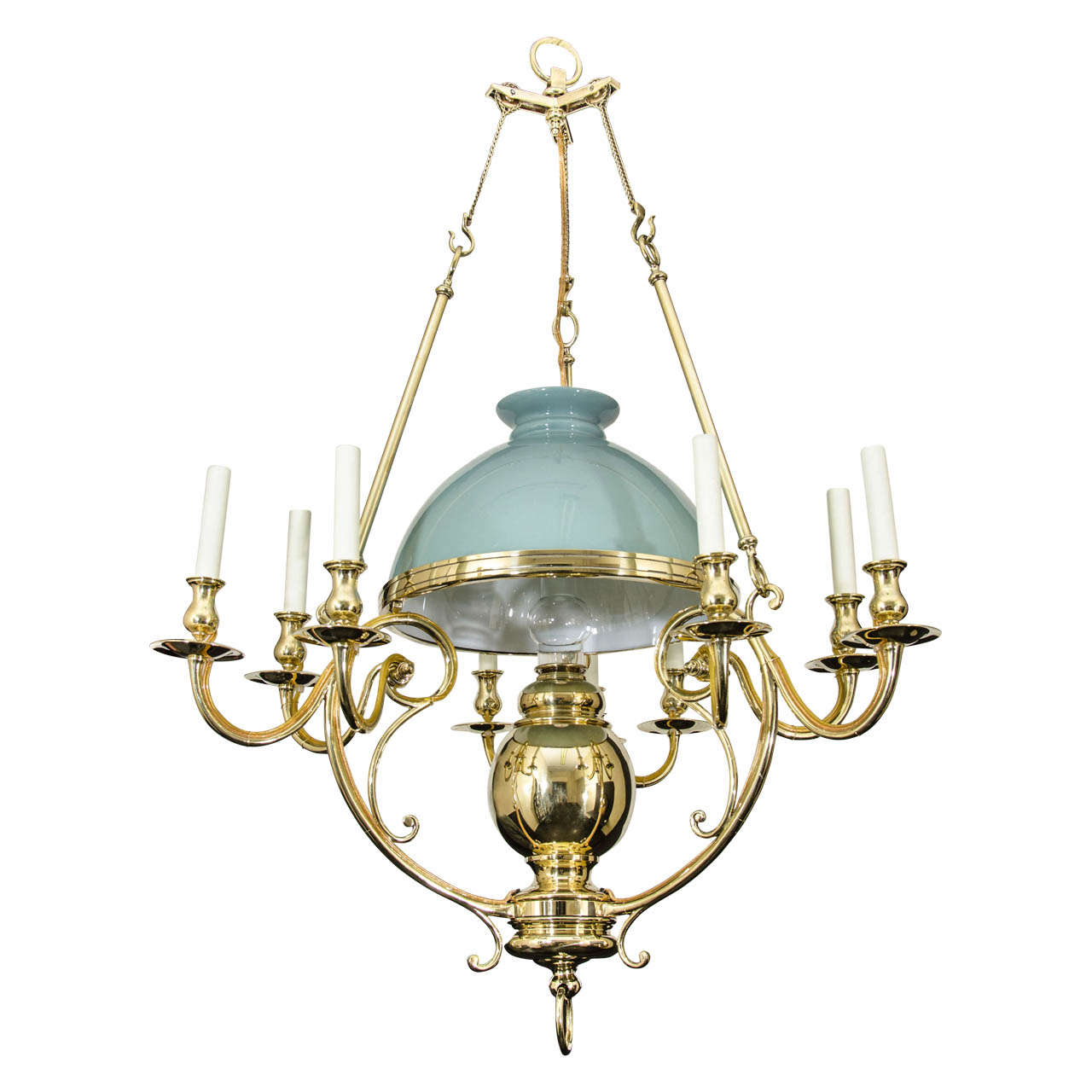 Brass and Opaline Glass Counter Weight Chandelier For Sale