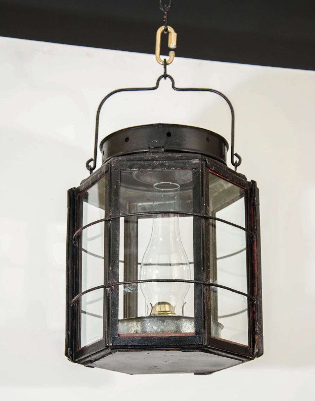 Polychrome Iron And Tole Hexagonal Shaped Ship's Mast Lantern With Original Oil Font, Signed LE Andrews & Co GLOUCESTER MA