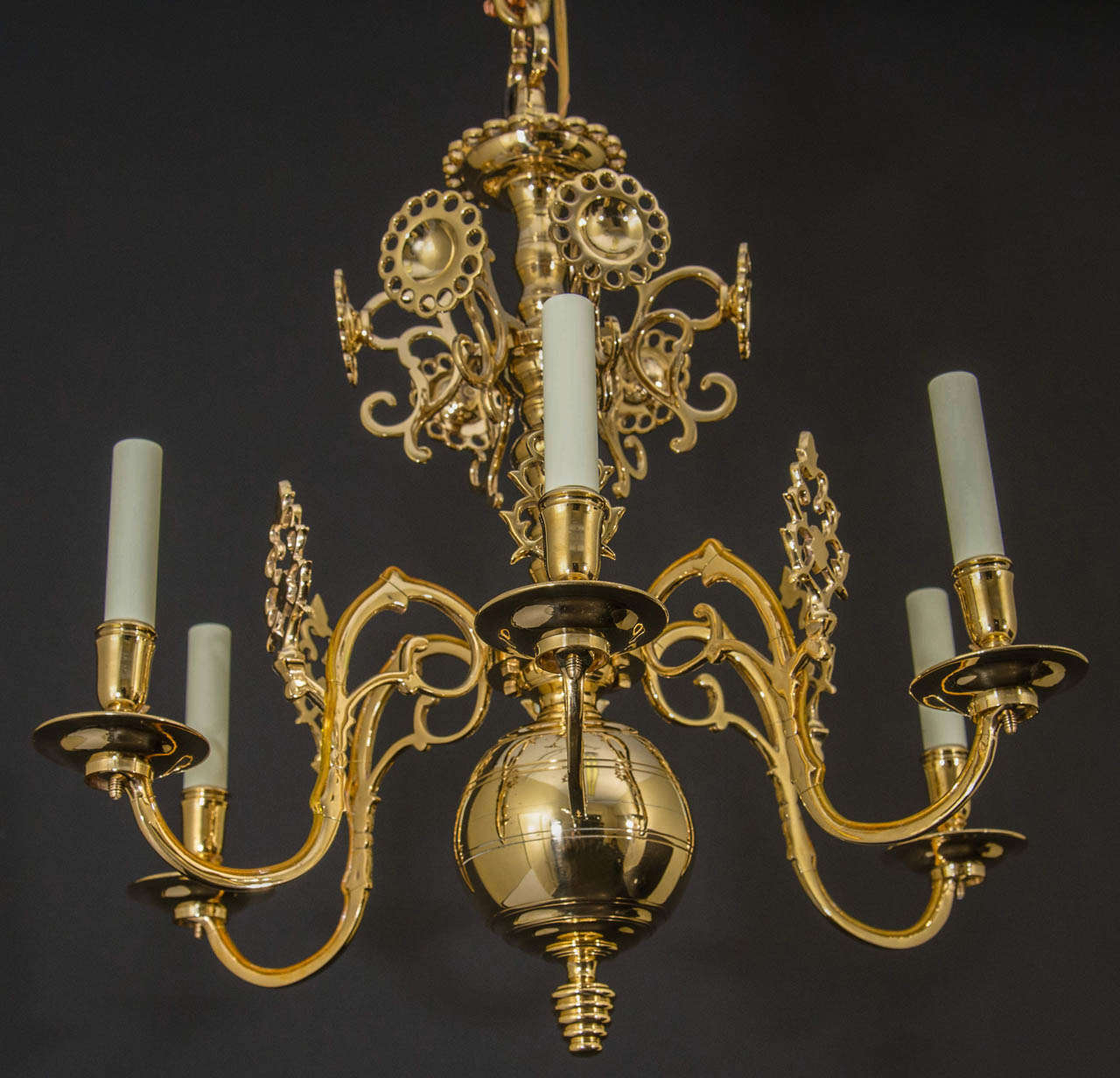 Baroque Style Brass Chandelier with Pierced Reflectors