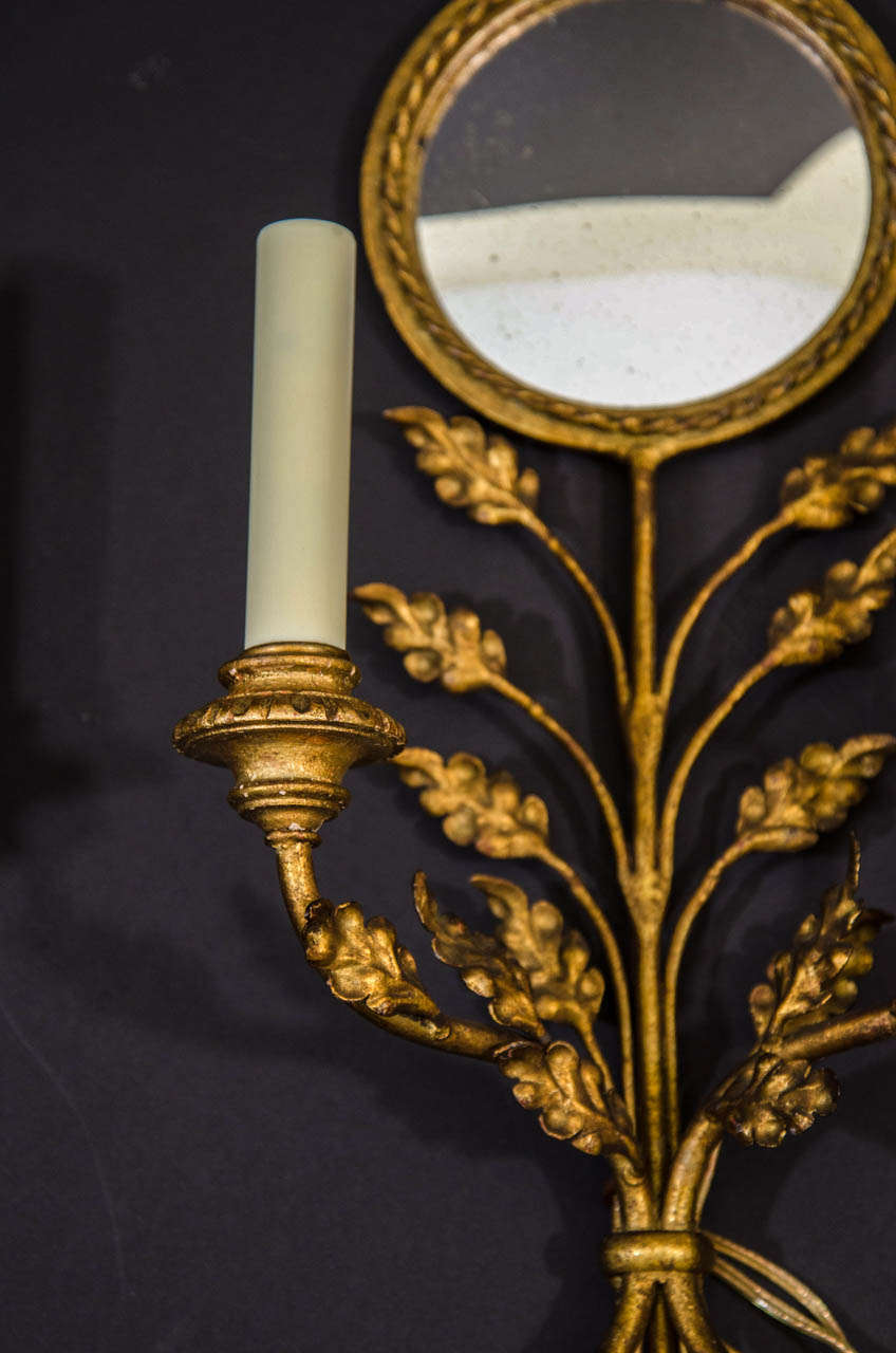 GIlt Iron Mirrored Back Sconces with Bird and Foliage Motif In Excellent Condition For Sale In New York, NY