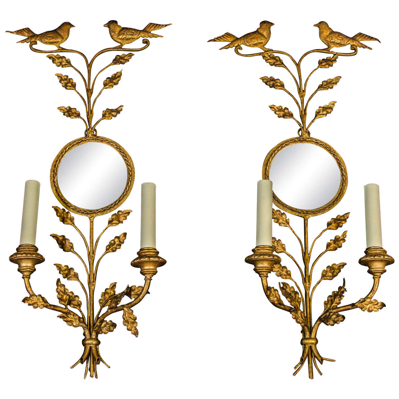 GIlt Iron Mirrored Back Sconces with Bird and Foliage Motif For Sale