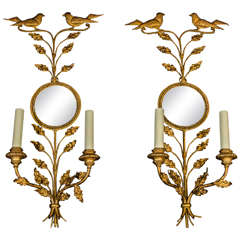 GIlt Iron Mirrored Back Sconces with Bird and Foliage Motif