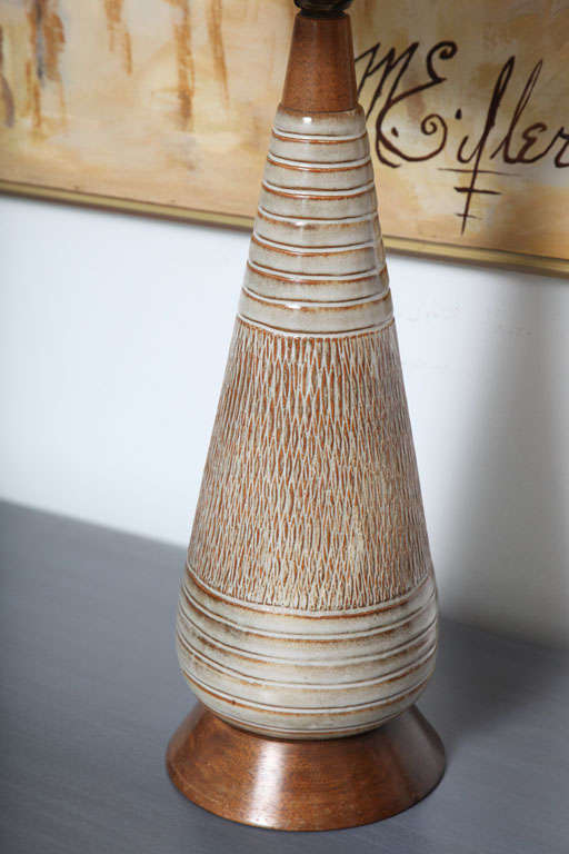 20th Century Mid Century Danish Modern Ceramic and Wood Table Lamps.