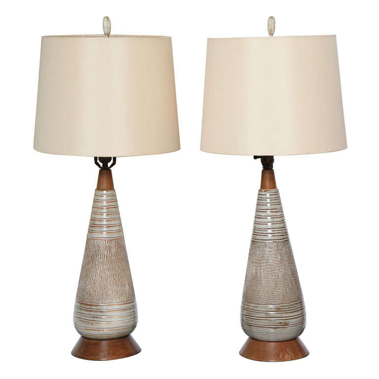Mid Century Danish Modern Ceramic and Wood Table Lamps.