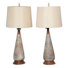 Vintage Mid Century Danish Modern Ceramic and Wood Table Lamps.