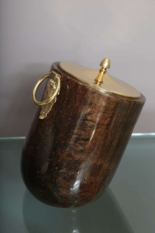 Unique tilted table top ice bucket in brown goatskin and brass by Aldo Tura (SIGNED).